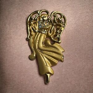 Gold Tone Angel Brooch with Rhinestones 2" Holiday Christmas Pin AAJ